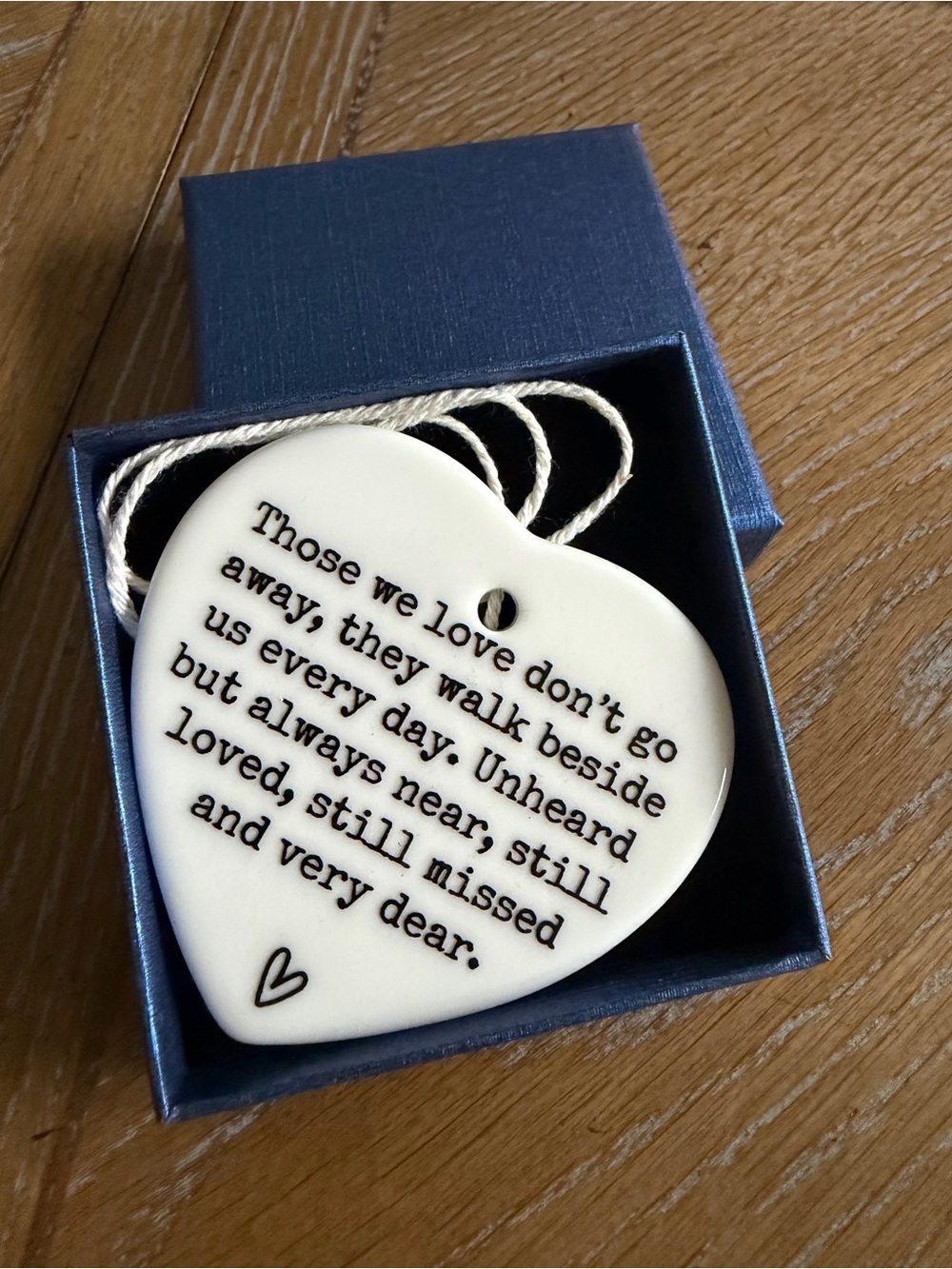 Source Unknown White and Navy Heart Sentiment Ornament
